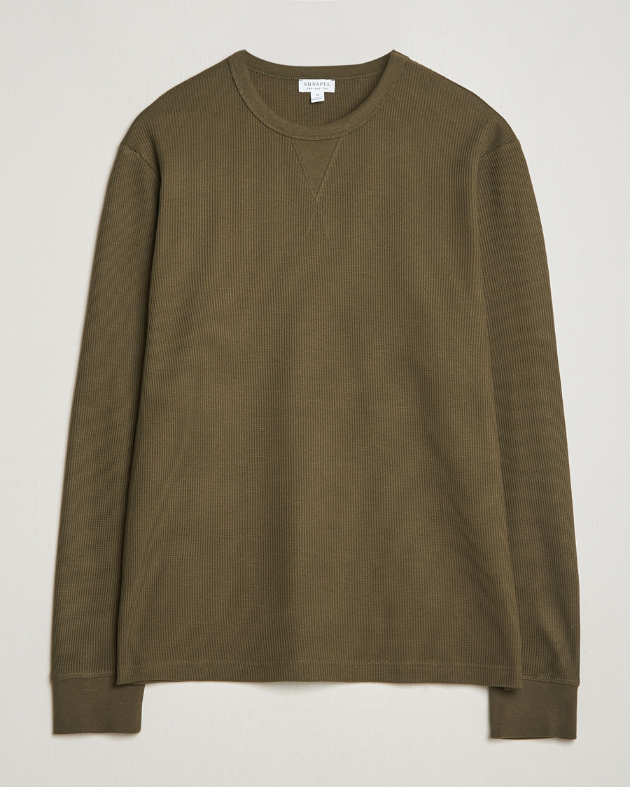 Heren | T-shirts | Sunspel | Long Sleeve Waffle T-Shirt Dark Olive