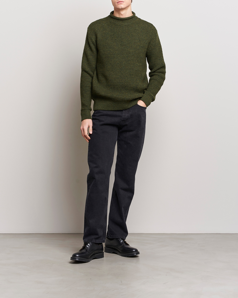 Heren | Truien | Sunspel | Fisherman Merino Wool Jumper Dark Olive