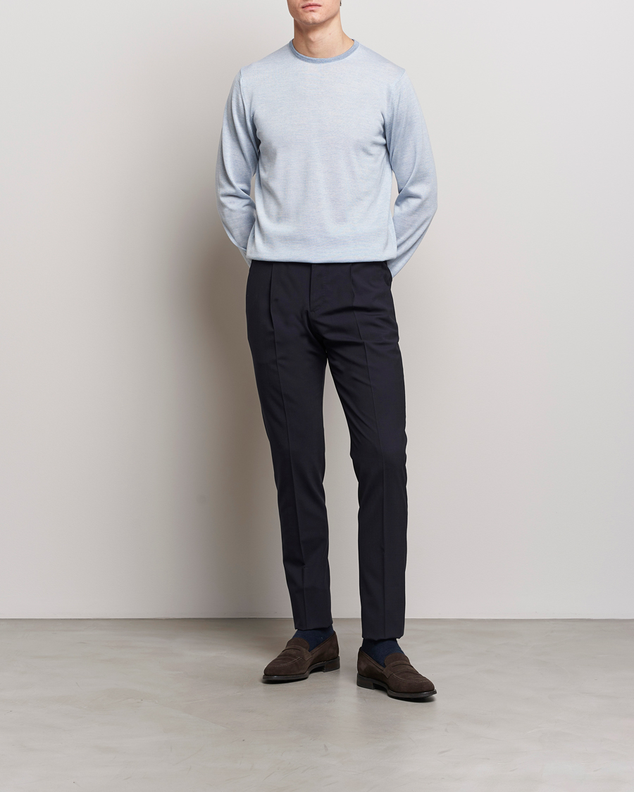 Heren | Truien | Stenströms | Merino Contrast Crew Neck Light Blue