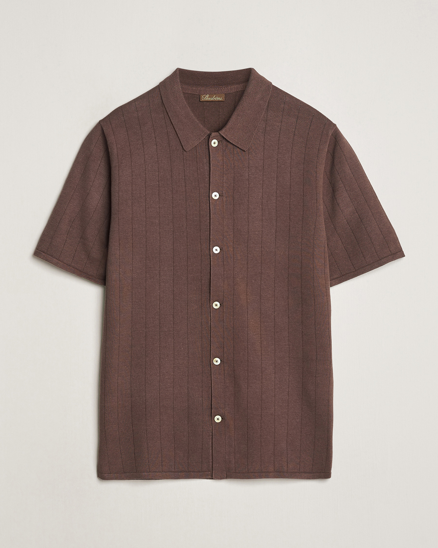 Homme | Polos | Stenströms | Linen/Cotton Rib Knitted Buttonthru Shirt Brown