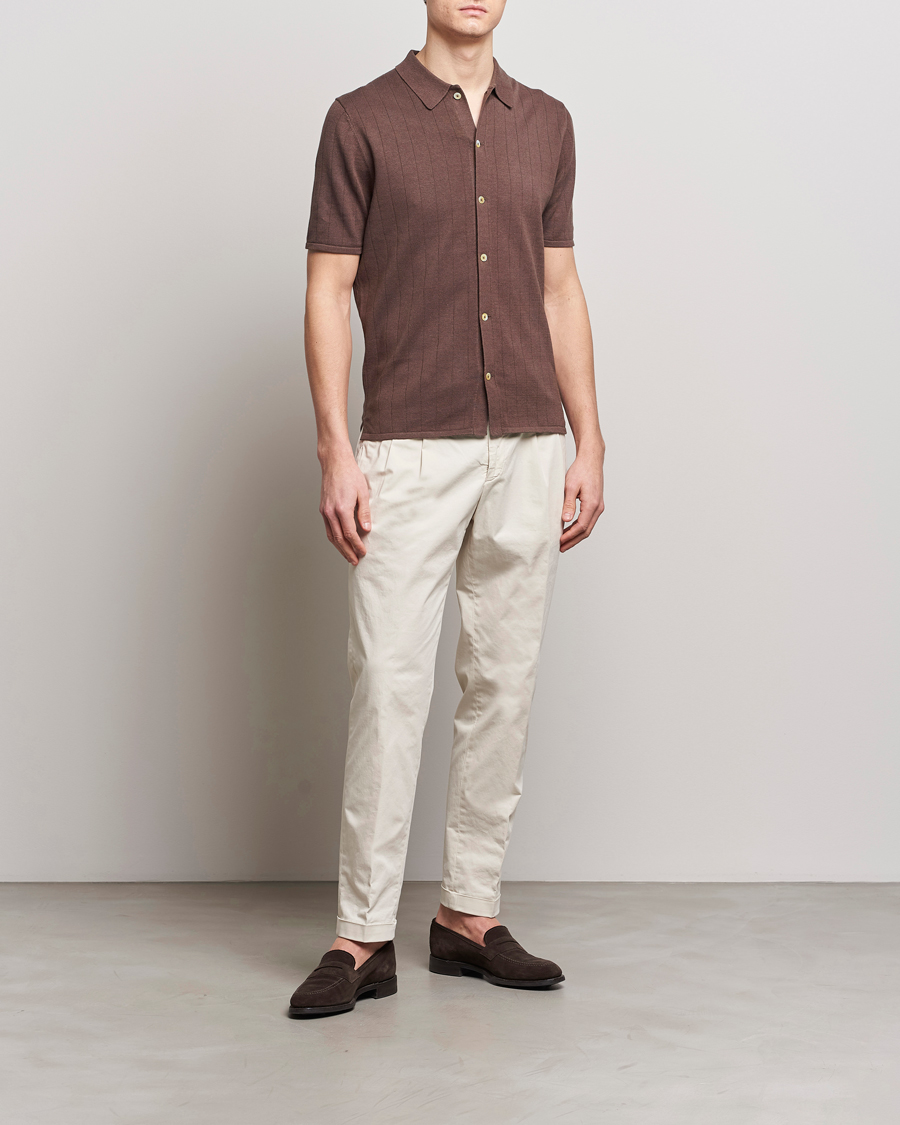 Homme | Polos | Stenströms | Linen/Cotton Rib Knitted Buttonthru Shirt Brown