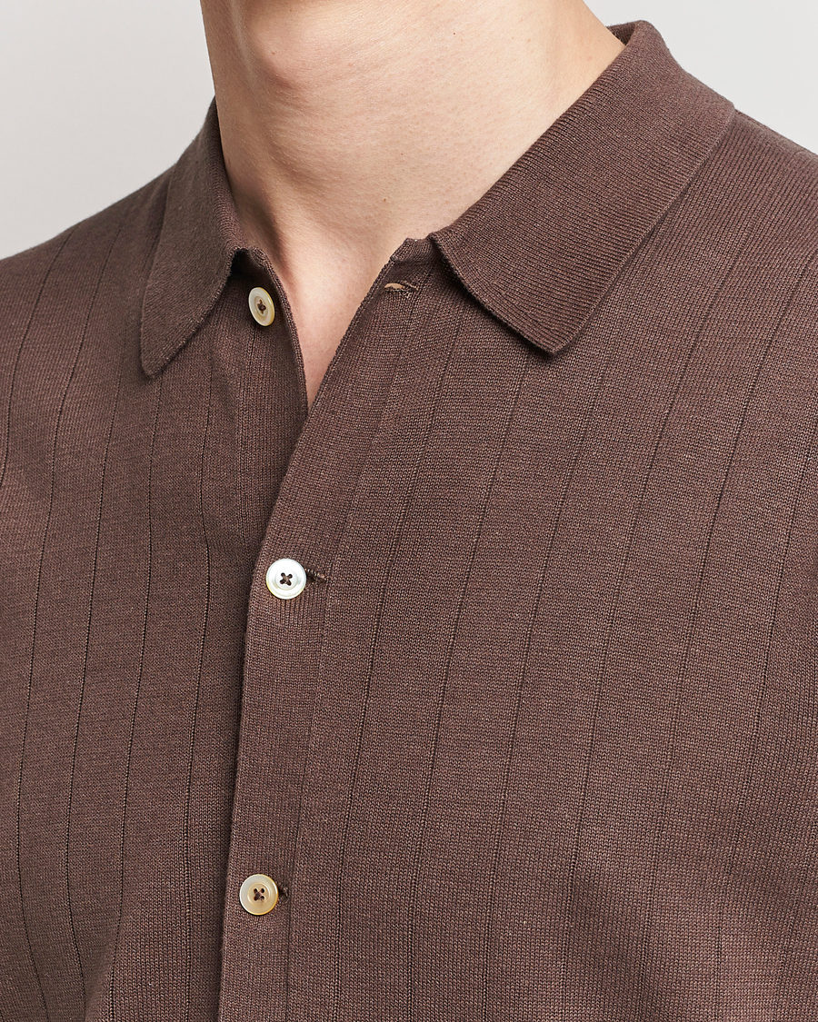Homme | Polos | Stenströms | Linen/Cotton Rib Knitted Buttonthru Shirt Brown