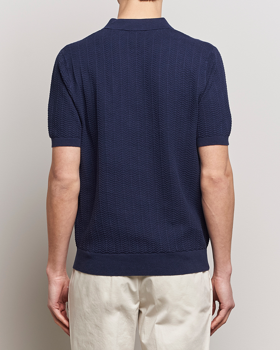 Homme | Polos | Stenströms | Linen/Cotton Crochet Knitted Polo Shirt Navy