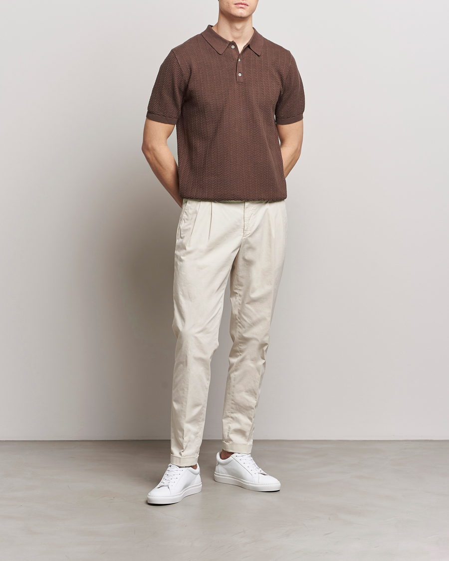 Heren | Polo's | Stenströms | Linen/Cotton Crochet Knitted Polo Shirt Brown