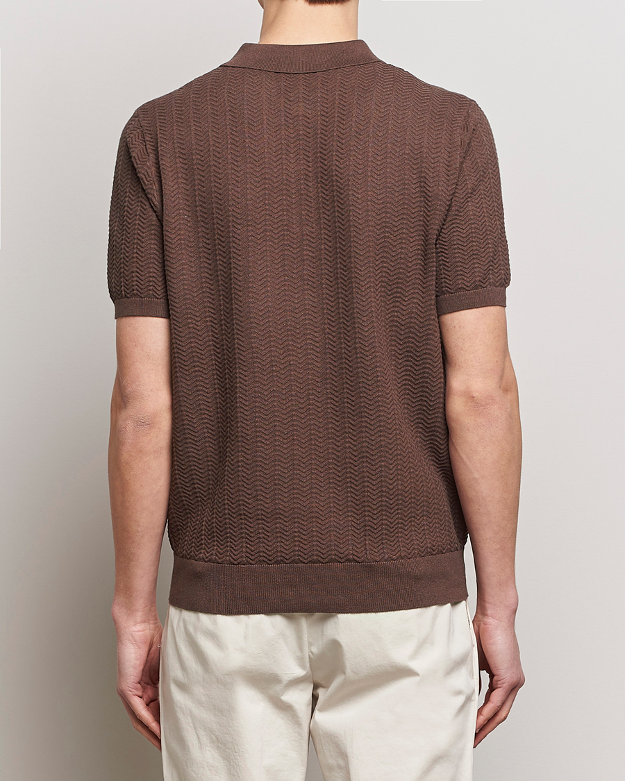 Heren | Polo's | Stenströms | Linen/Cotton Crochet Knitted Polo Shirt Brown
