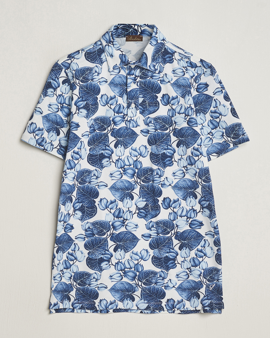 Heren | Polo's | Stenströms | Cotton Pique Printed Polo Shirt Blue