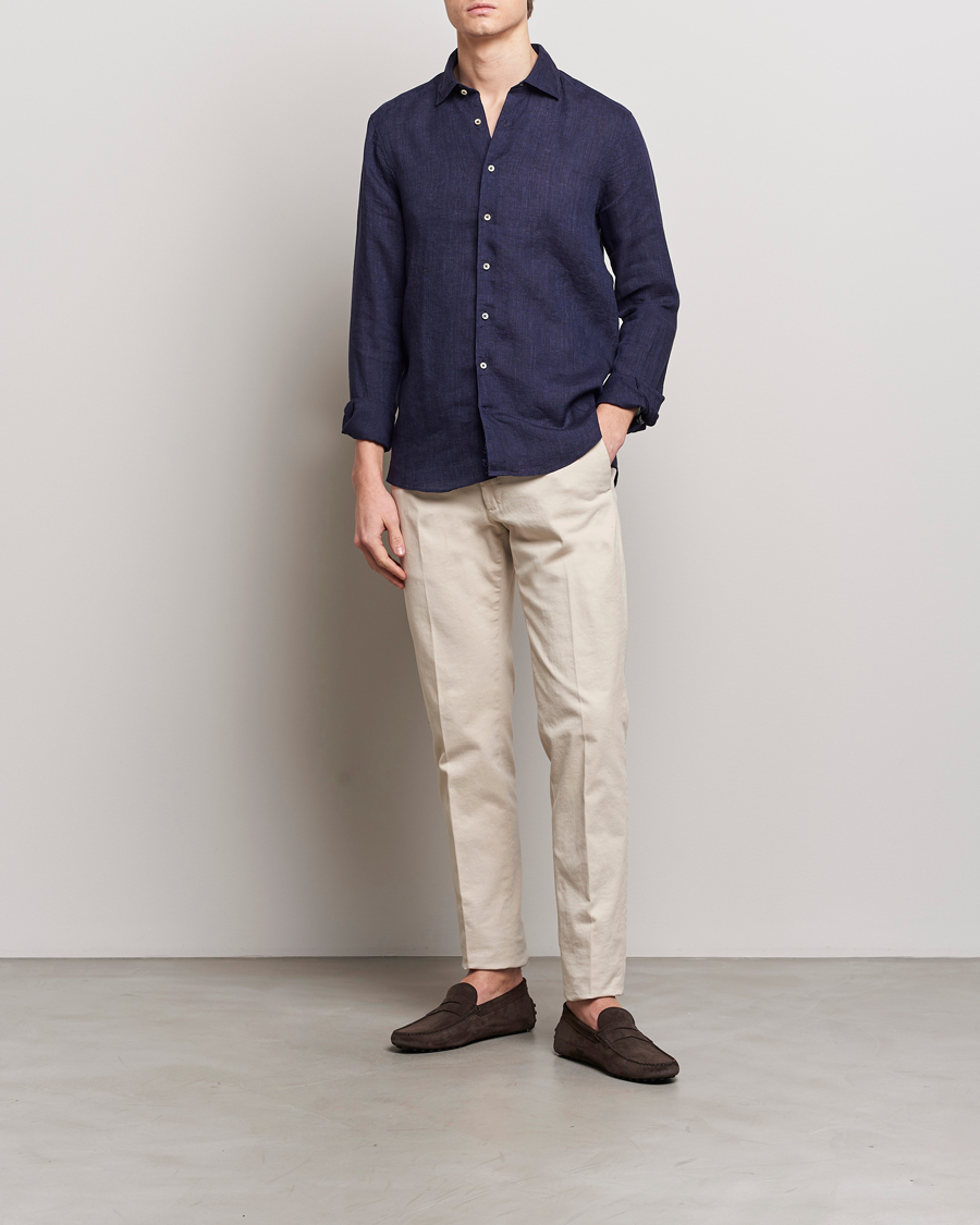 Heren | Overhemden | Stenströms | Slimline Cut Away Linen Shirt Navy