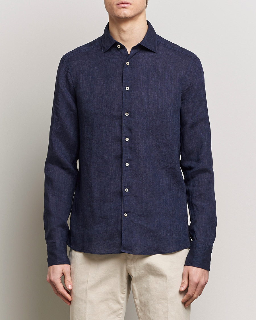 Heren | Overhemden | Stenströms | Slimline Cut Away Linen Shirt Navy