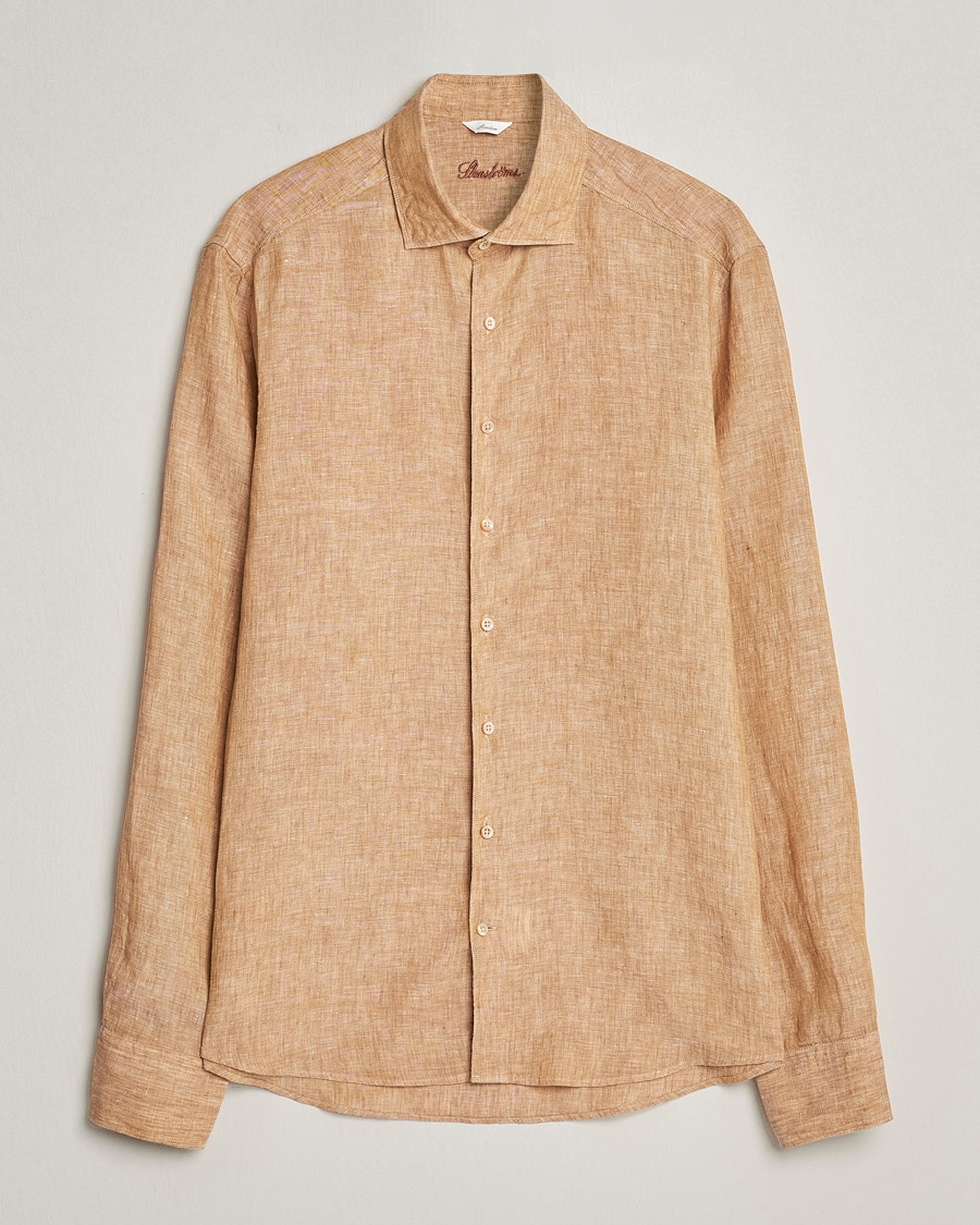 Heren | Overhemden | Stenströms | Slimline Cut Away Linen Shirt Brown