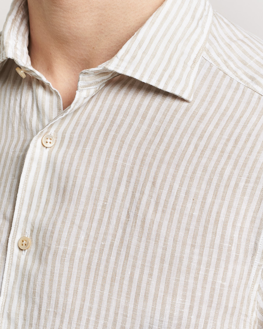 Heren | Overhemden | Stenströms | Slimline Cut Away Striped Linen Shirt Beige