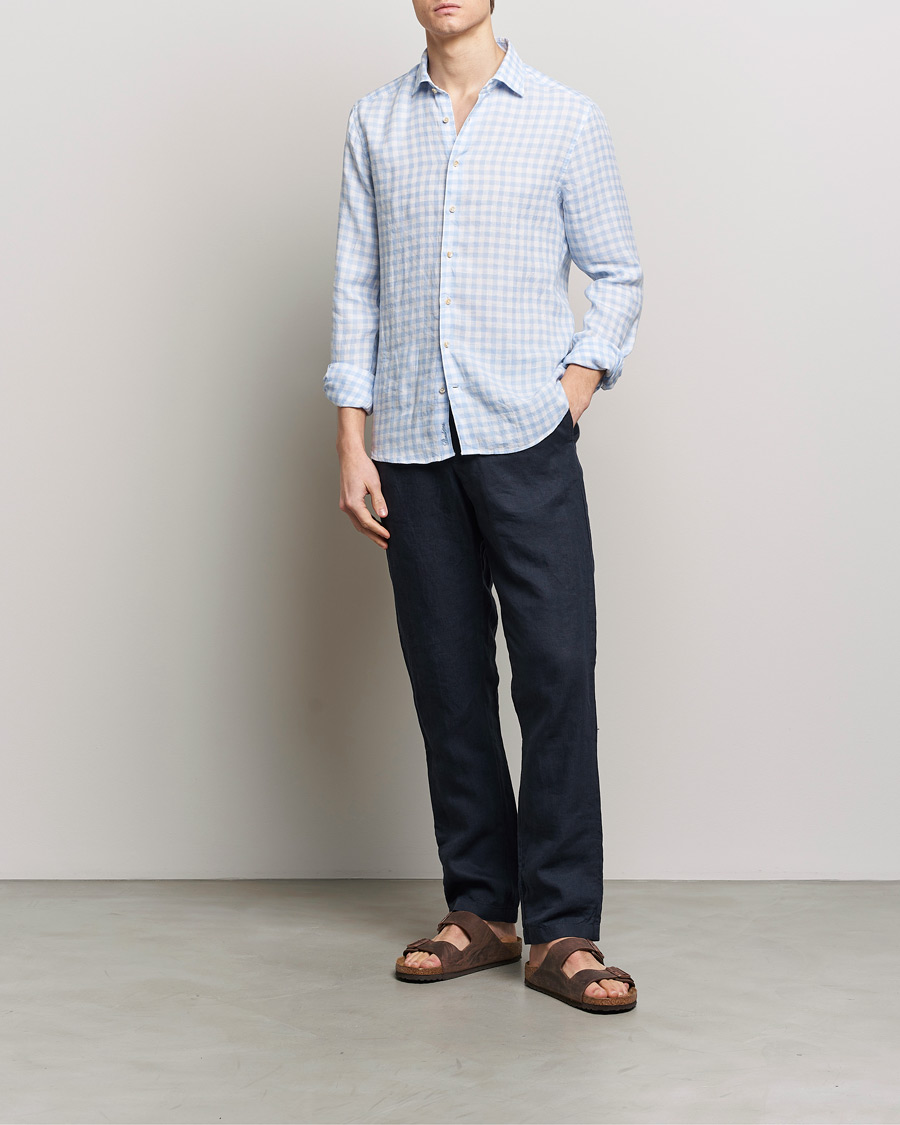 Heren | Overhemden | Stenströms | Slimline Cut Away Checked Linen Shirt Light Blue