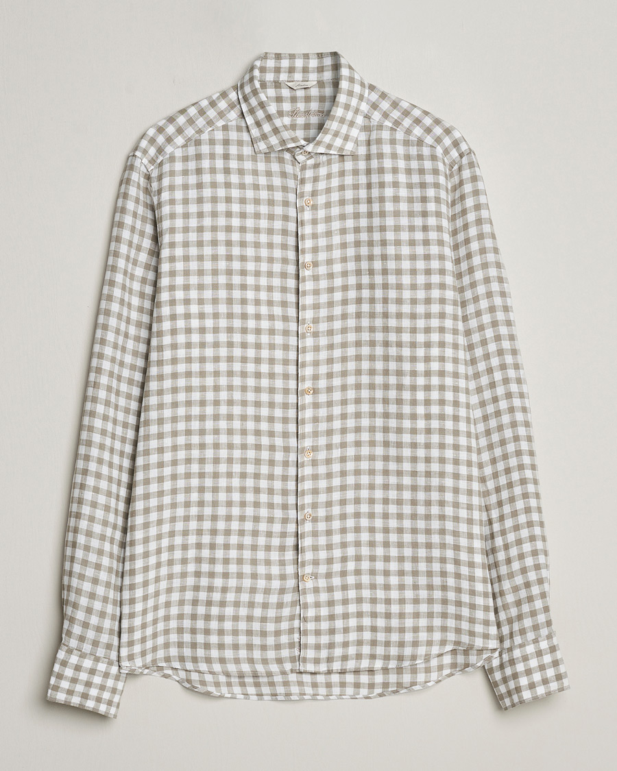 Homme | Chemises | Stenströms | Slimline Cut Away Checked Linen Shirt Light Grey