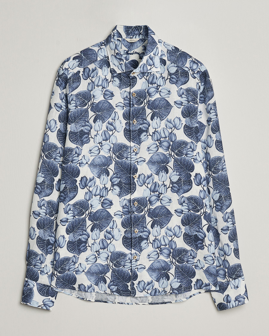 Homme | Chemises | Stenströms | Slimline Cut Away Printed Flower Linen Shirt Blue