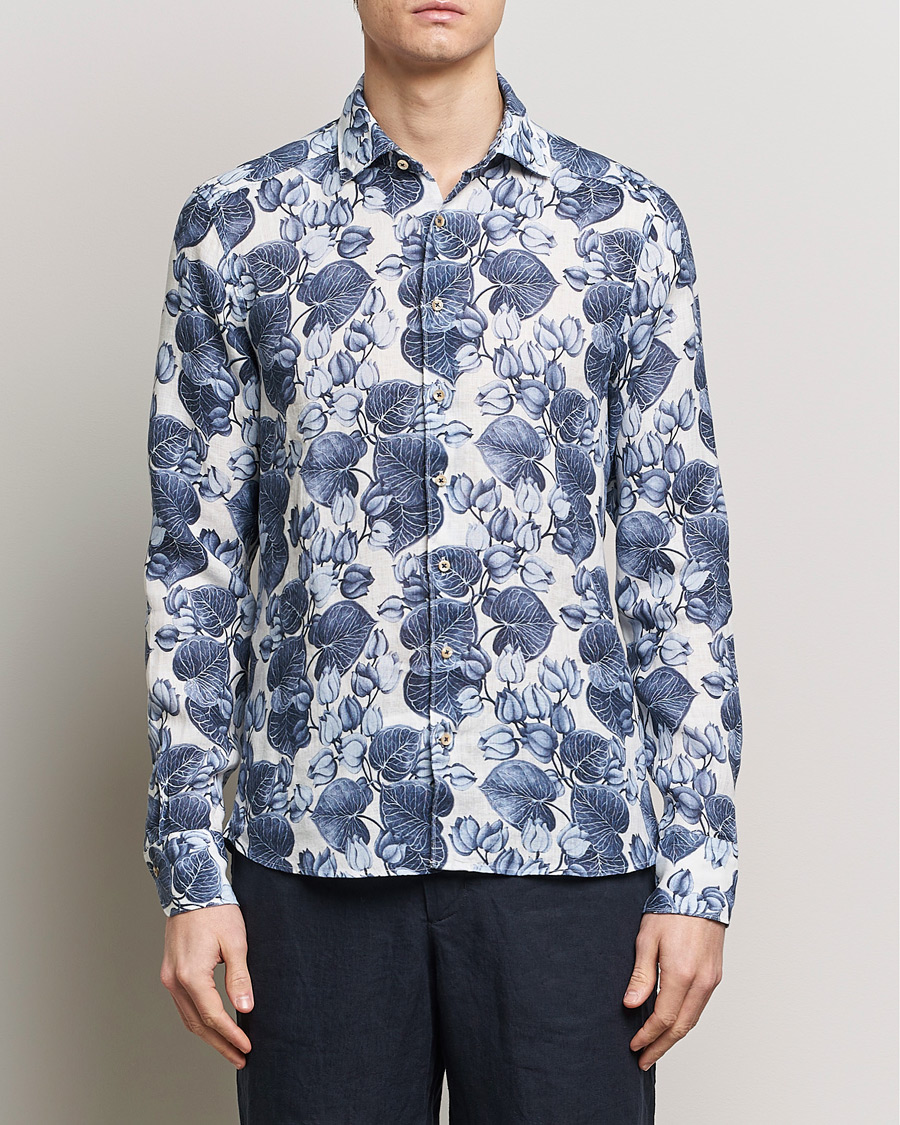 Homme | Chemises | Stenströms | Slimline Cut Away Printed Flower Linen Shirt Blue