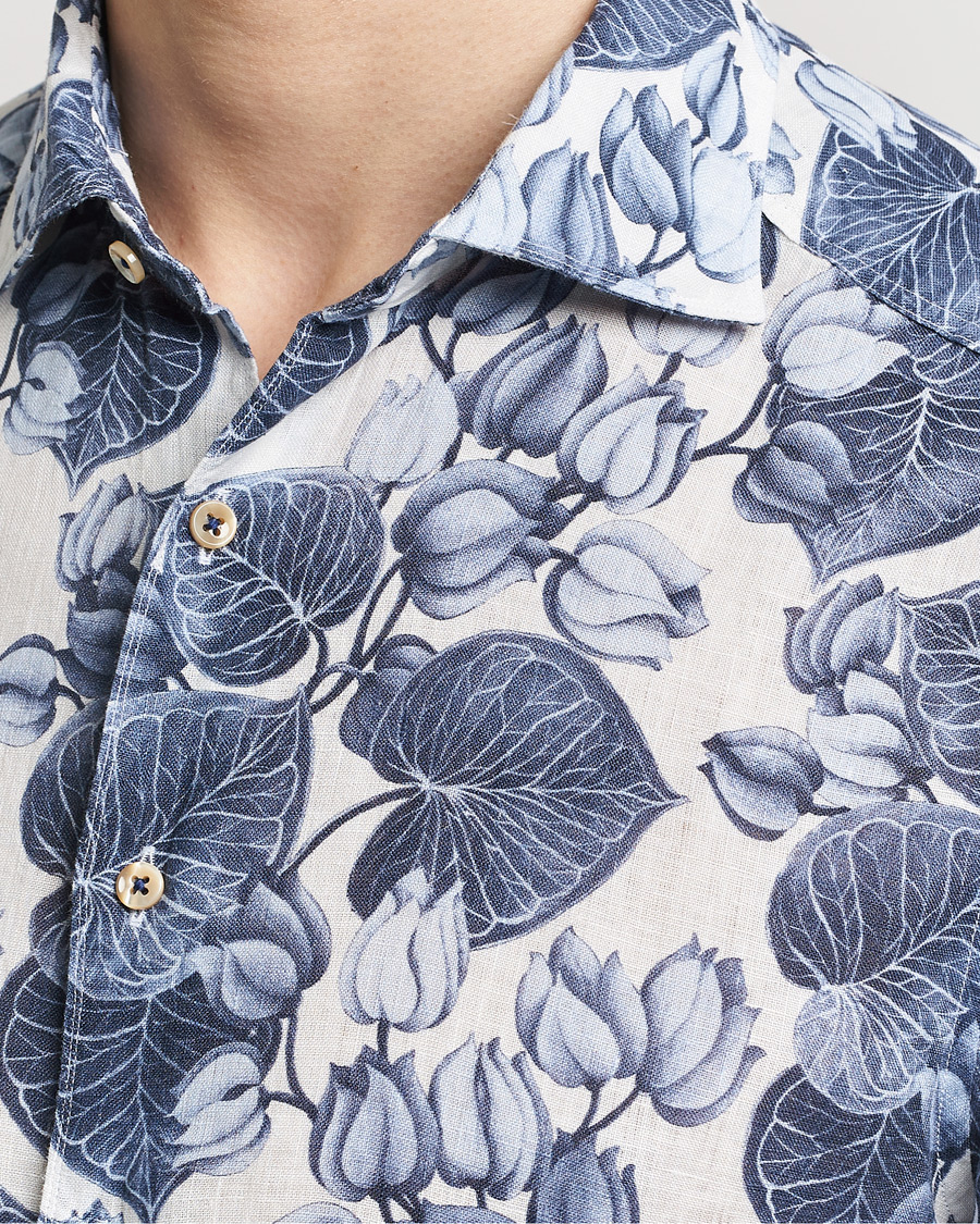 Homme | Chemises | Stenströms | Slimline Cut Away Printed Flower Linen Shirt Blue