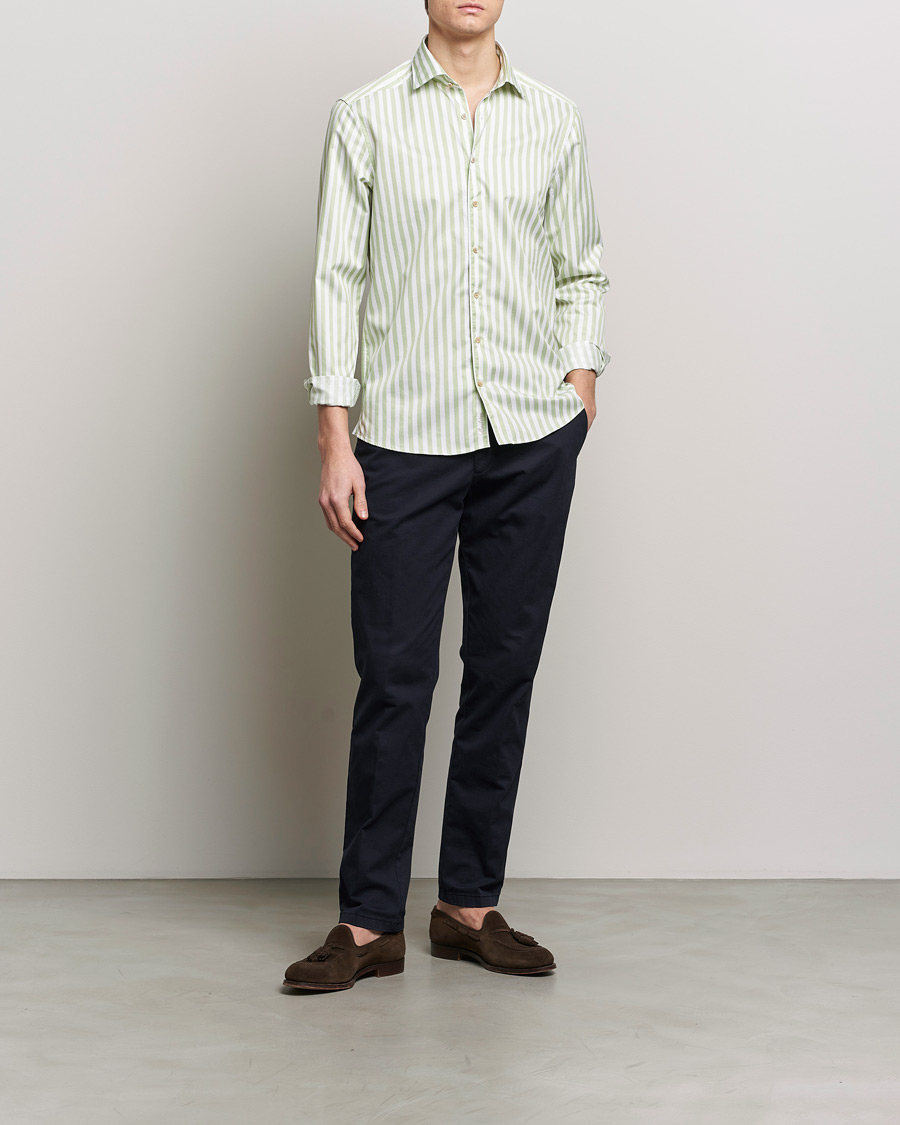 Heren | Overhemden | Stenströms | Slimline Large Stripe Washed Cotton Shirt Green