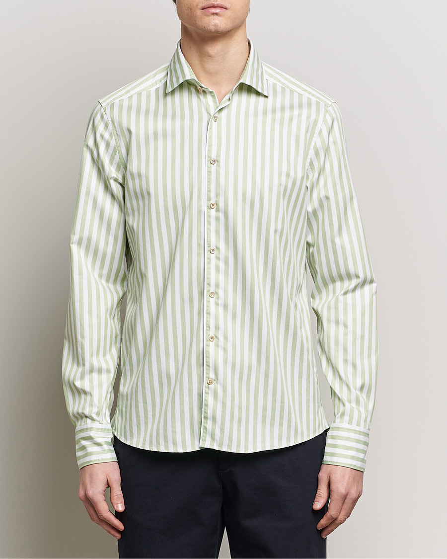 Heren | Overhemden | Stenströms | Slimline Large Stripe Washed Cotton Shirt Green