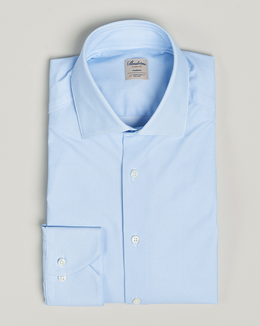 Heren | Overhemden | Stenströms | Slimline Micro Check Cut Away 4-Way Stretch Shirt Blue