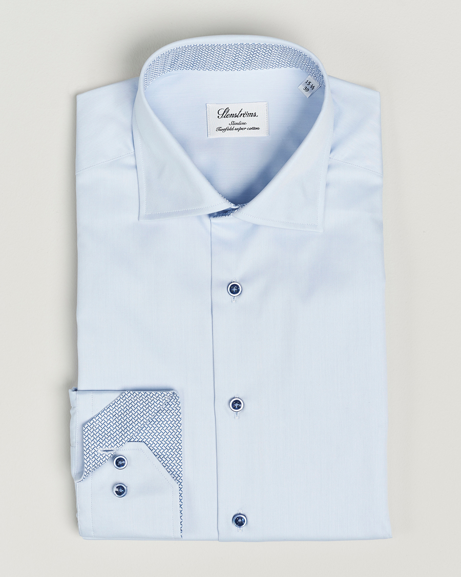 Homme | Chemises | Stenströms | Slimline Cut Away Print Contrast Shirt Light Blue