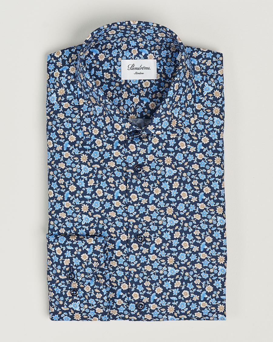 Heren | Overhemden | Stenströms | Slimline Cut Away Printed Flower Shirt Navy