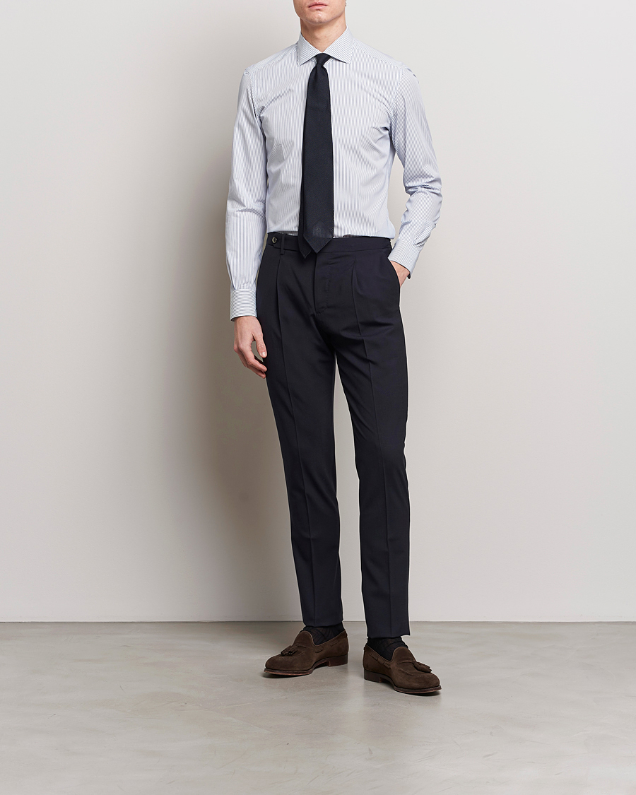 Homme | Chemises | Mazzarelli | Soft Cotton Cut Away Shirt Blue Pinstripe