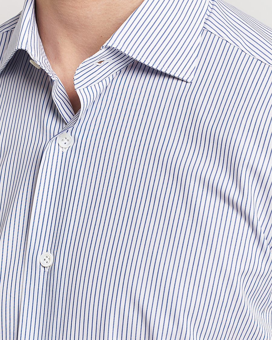 Homme | Chemises | Mazzarelli | Soft Cotton Cut Away Shirt Blue Pinstripe