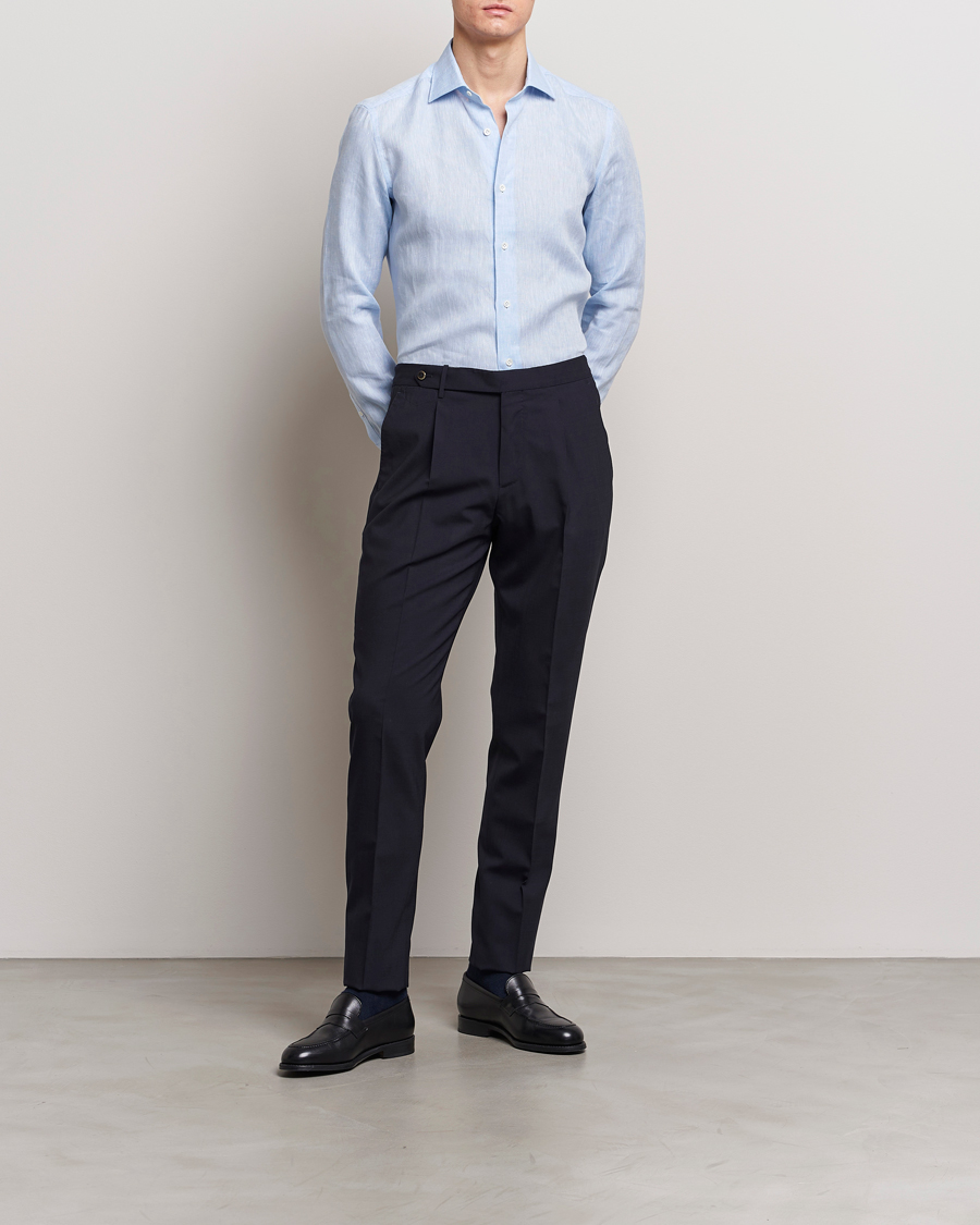 Homme | Chemises | Mazzarelli | Soft Linen Cut Away Shirt Light Blue