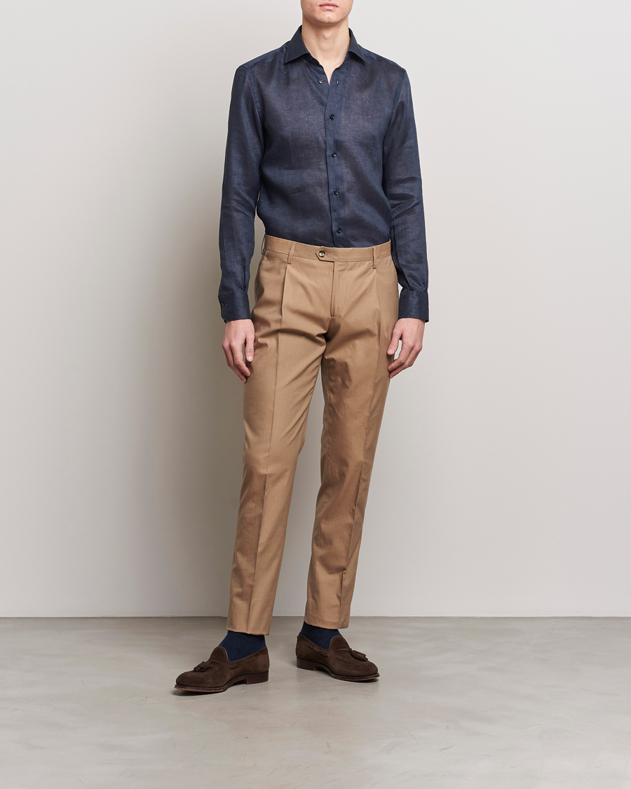 Homme | Chemises | Mazzarelli | Soft Linen Cut Away Shirt Navy