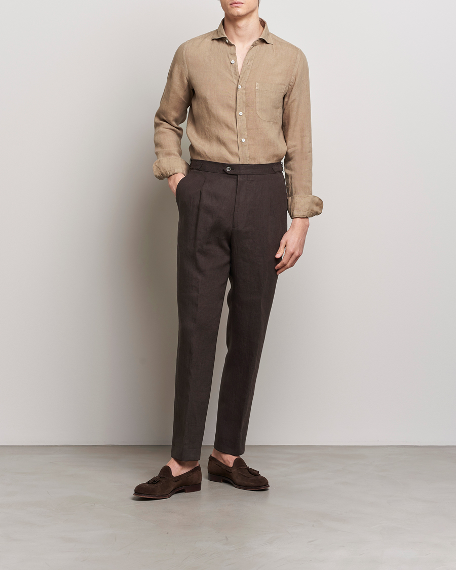 Homme | Chemises | Finamore Napoli | Gaeta Linen Pocket Shirt Taupe