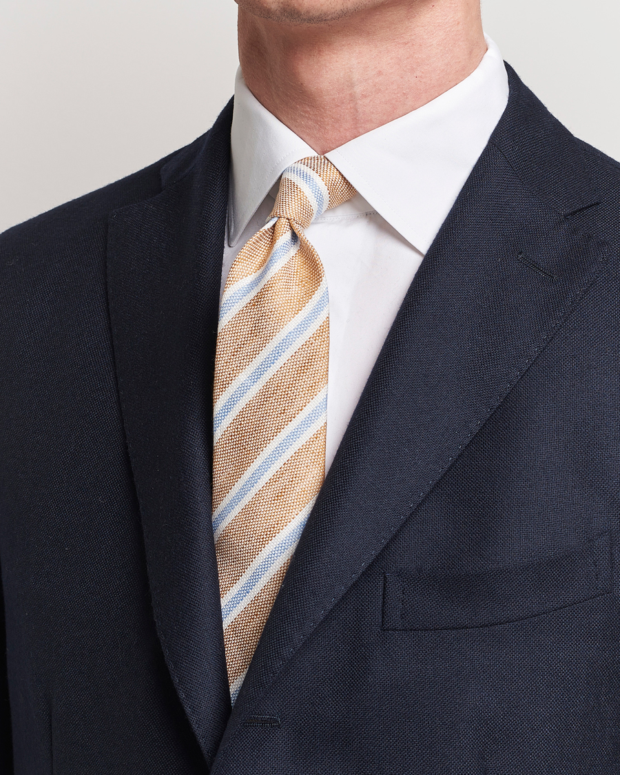 Homme | Finamore Napoli Regimental Stripe Linen Tie Beige/Blue | Finamore Napoli | Regimental Stripe Linen Tie Beige/Blue