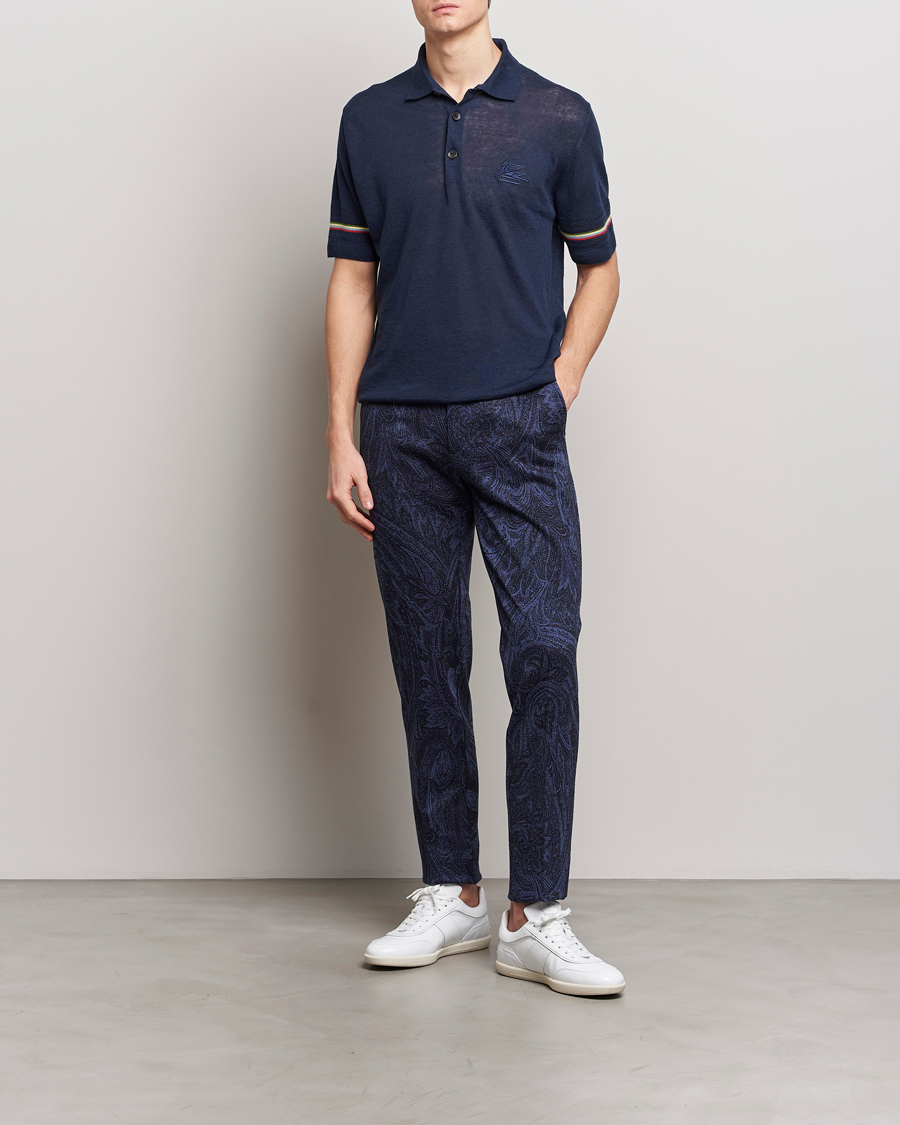 Homme | Polos | Etro | Knitted Cotton/Linen Polo Navy