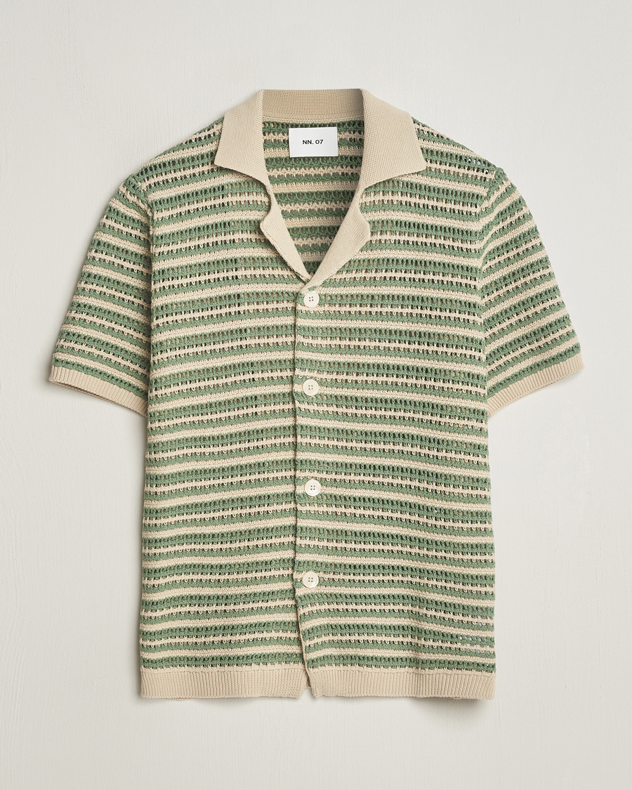 Heren | Overhemden | NN07 | Henry Knitted Striped Short Shleeve Shirt Ecru/Green