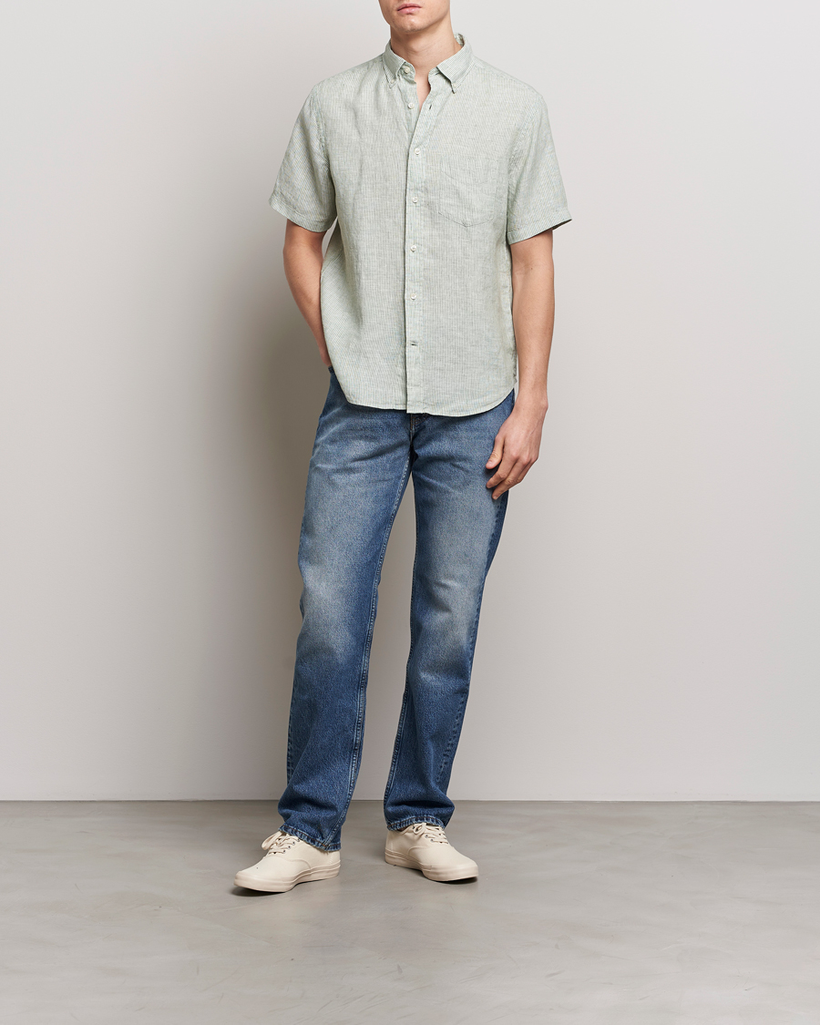 Heren | Overhemden | Gant | Regular Fit Striped Linen Short Sleeve Shirt Green/White