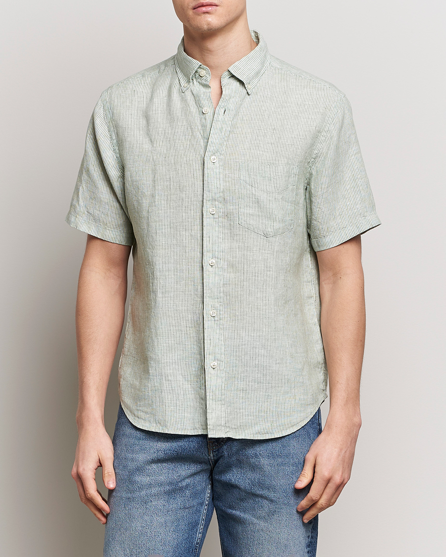 Heren | Overhemden | Gant | Regular Fit Striped Linen Short Sleeve Shirt Green/White