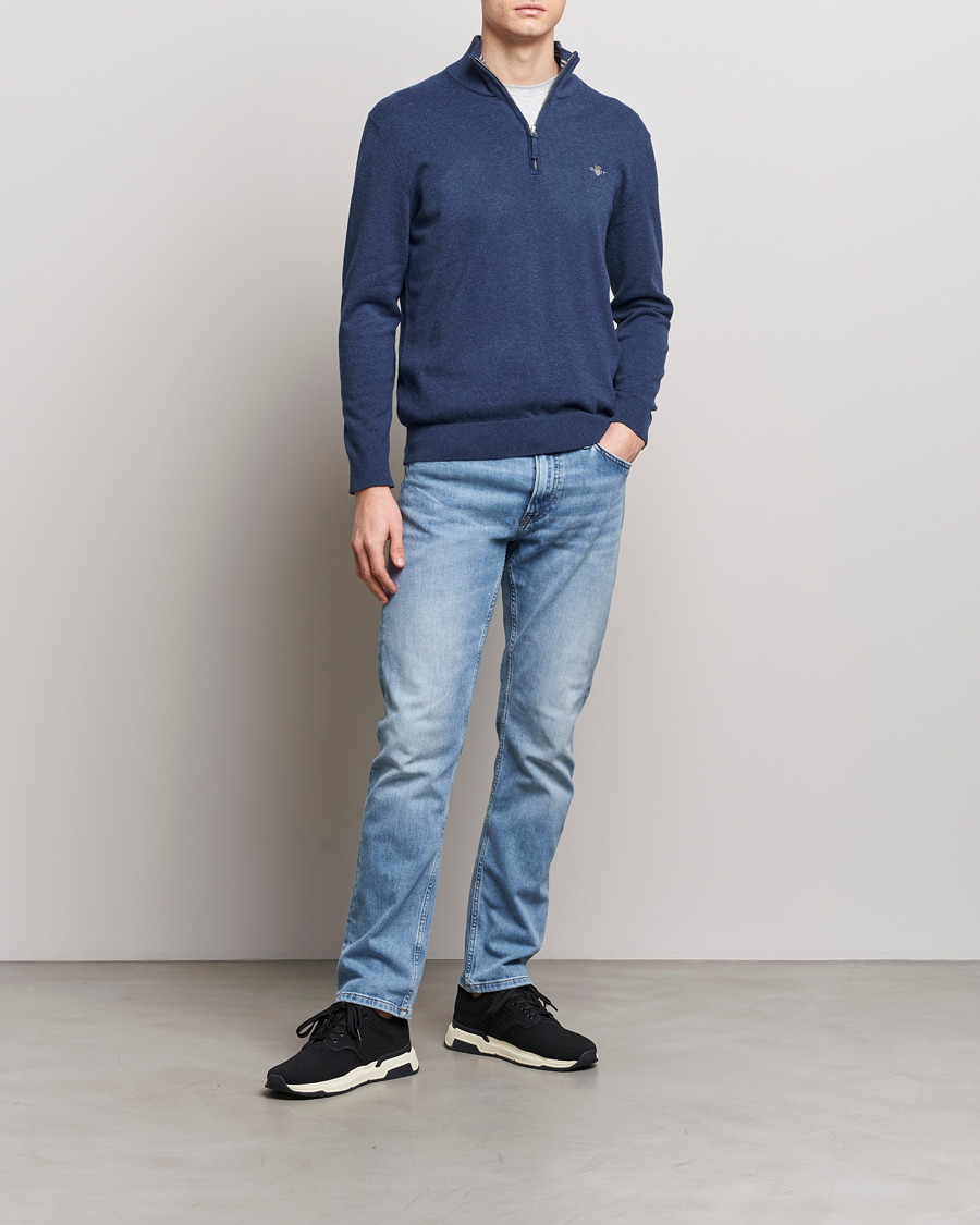 Heren | Truien | GANT | Classic Cotton Half Zip Dark Jeans Blue Melange