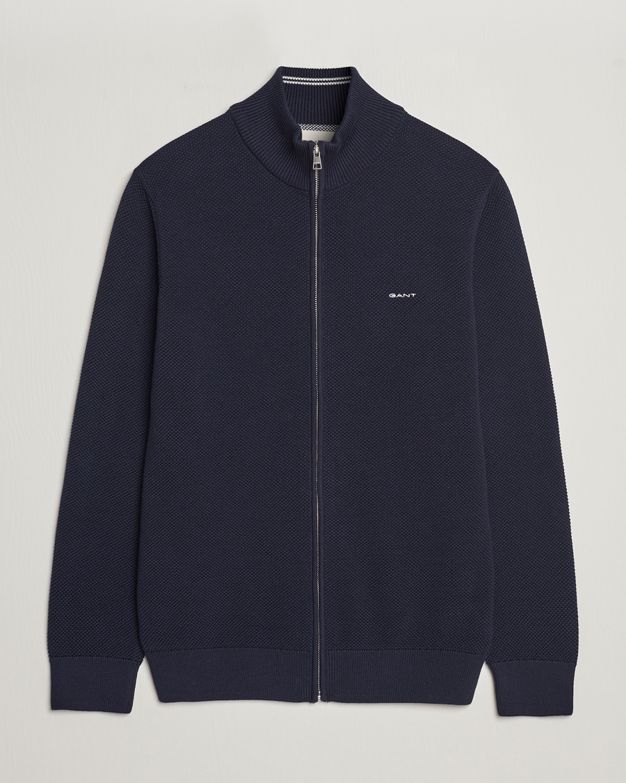 Heren | Truien | GANT | Cotton Pique Full-Zip Sweater Evening Blue