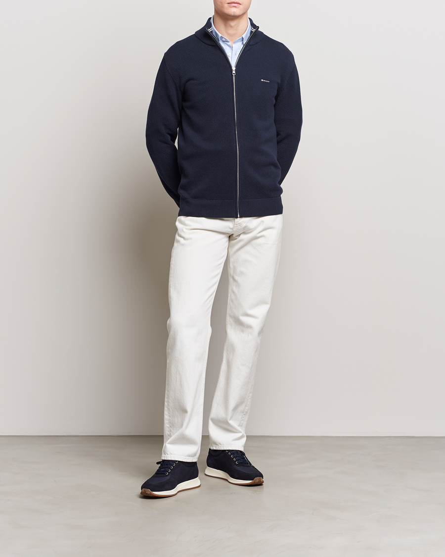 Heren | Truien | GANT | Cotton Pique Full-Zip Sweater Evening Blue
