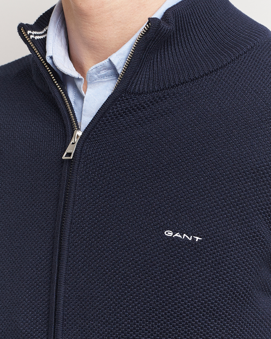 Heren | Truien | GANT | Cotton Pique Full-Zip Sweater Evening Blue