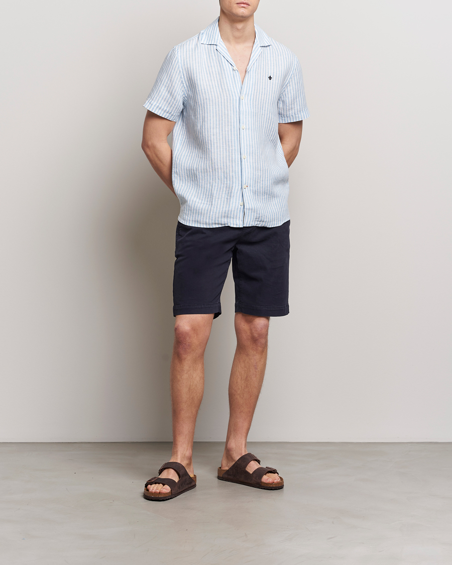 Heren | Overhemden | Morris | Striped Resort Linen Short Sleeve Shirt Light Blue