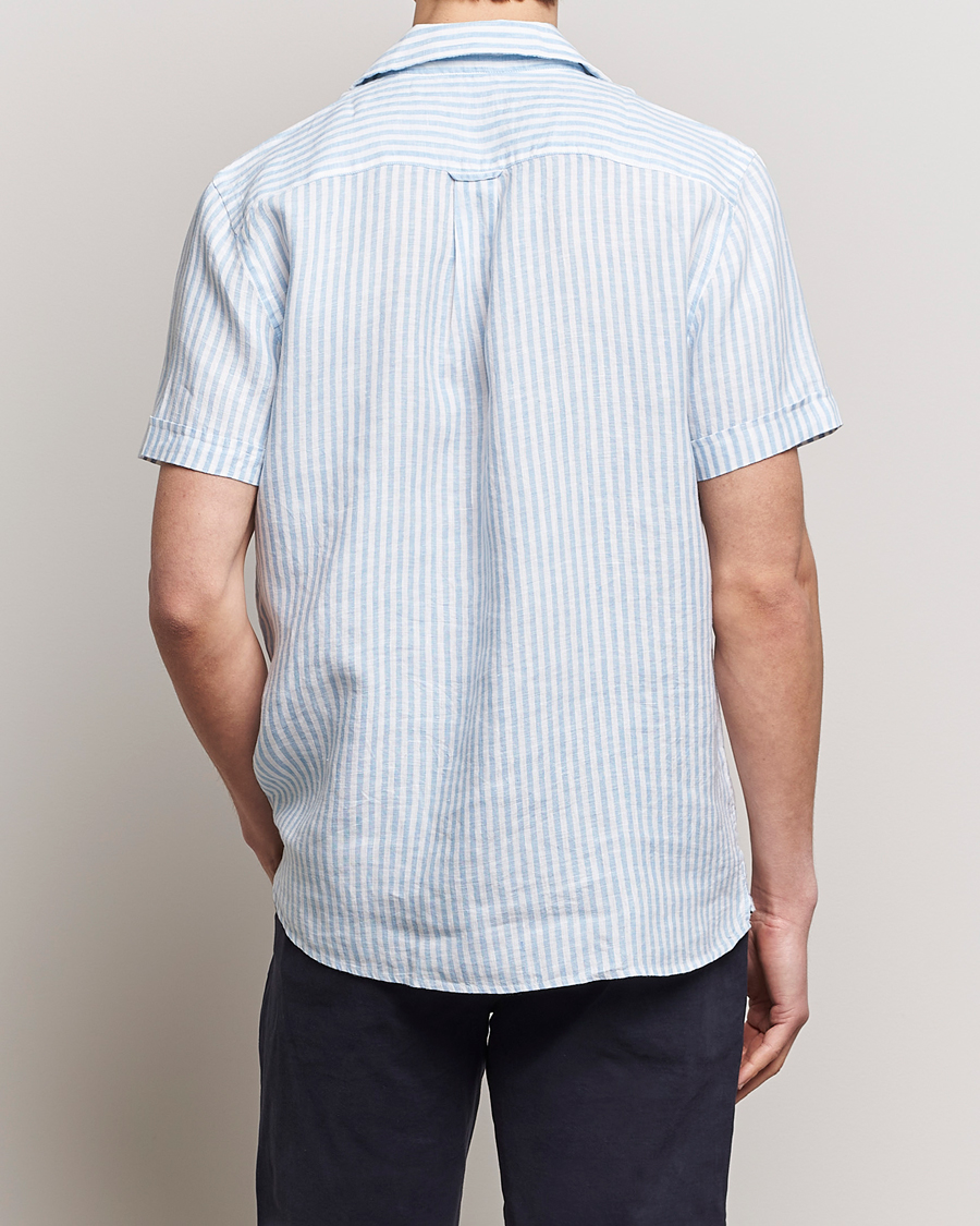 Heren | Overhemden | Morris | Striped Resort Linen Short Sleeve Shirt Light Blue
