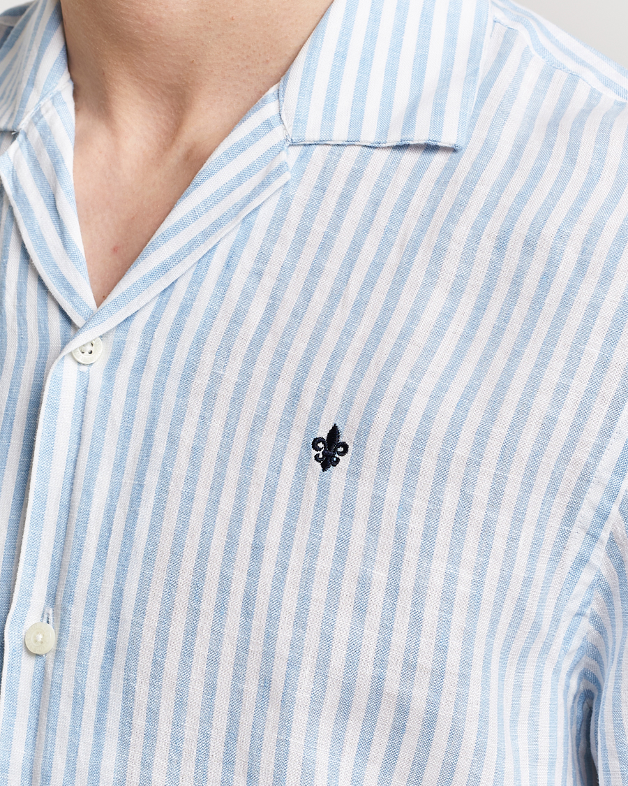 Heren | Overhemden | Morris | Striped Resort Linen Short Sleeve Shirt Light Blue
