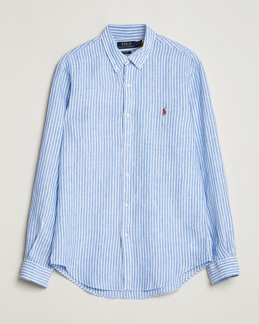 Homme | Chemises | Polo Ralph Lauren | Slim Fit Striped Button Down Linen Shirt Blue/White