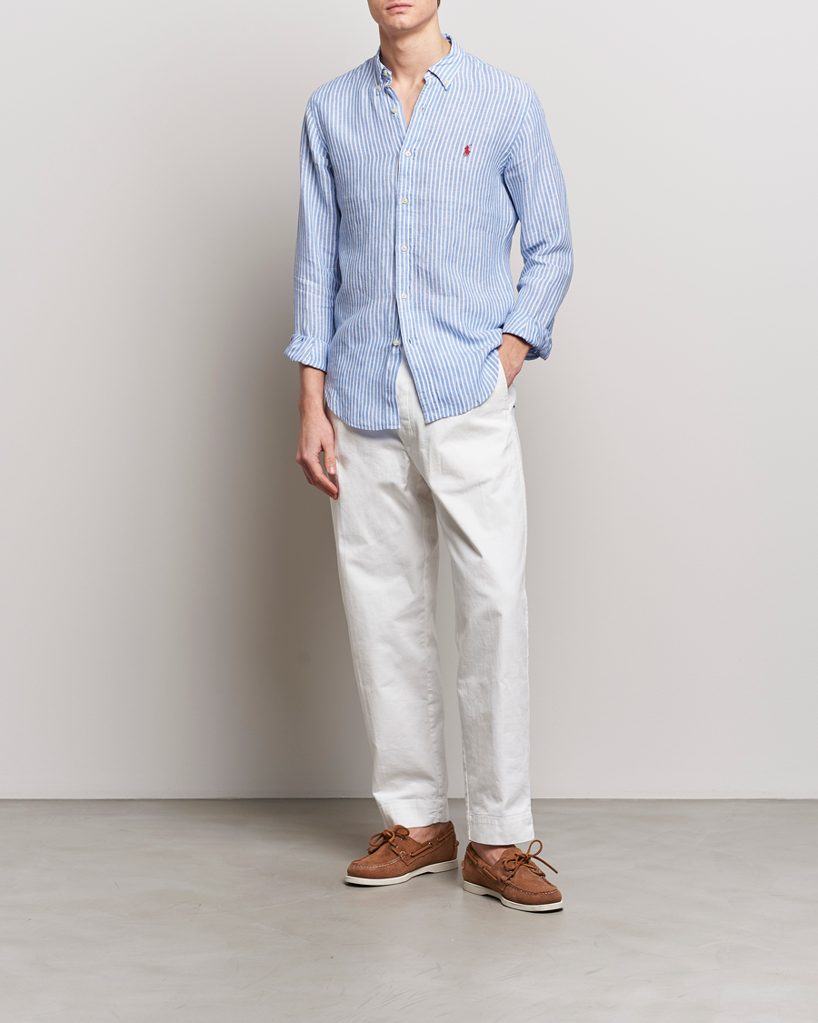 Homme | Chemises | Polo Ralph Lauren | Slim Fit Striped Button Down Linen Shirt Blue/White