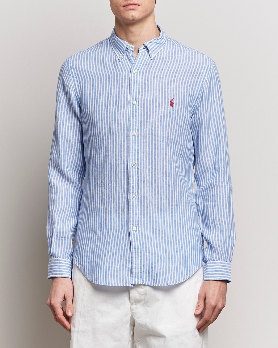Homme | Chemises | Polo Ralph Lauren | Slim Fit Striped Button Down Linen Shirt Blue/White