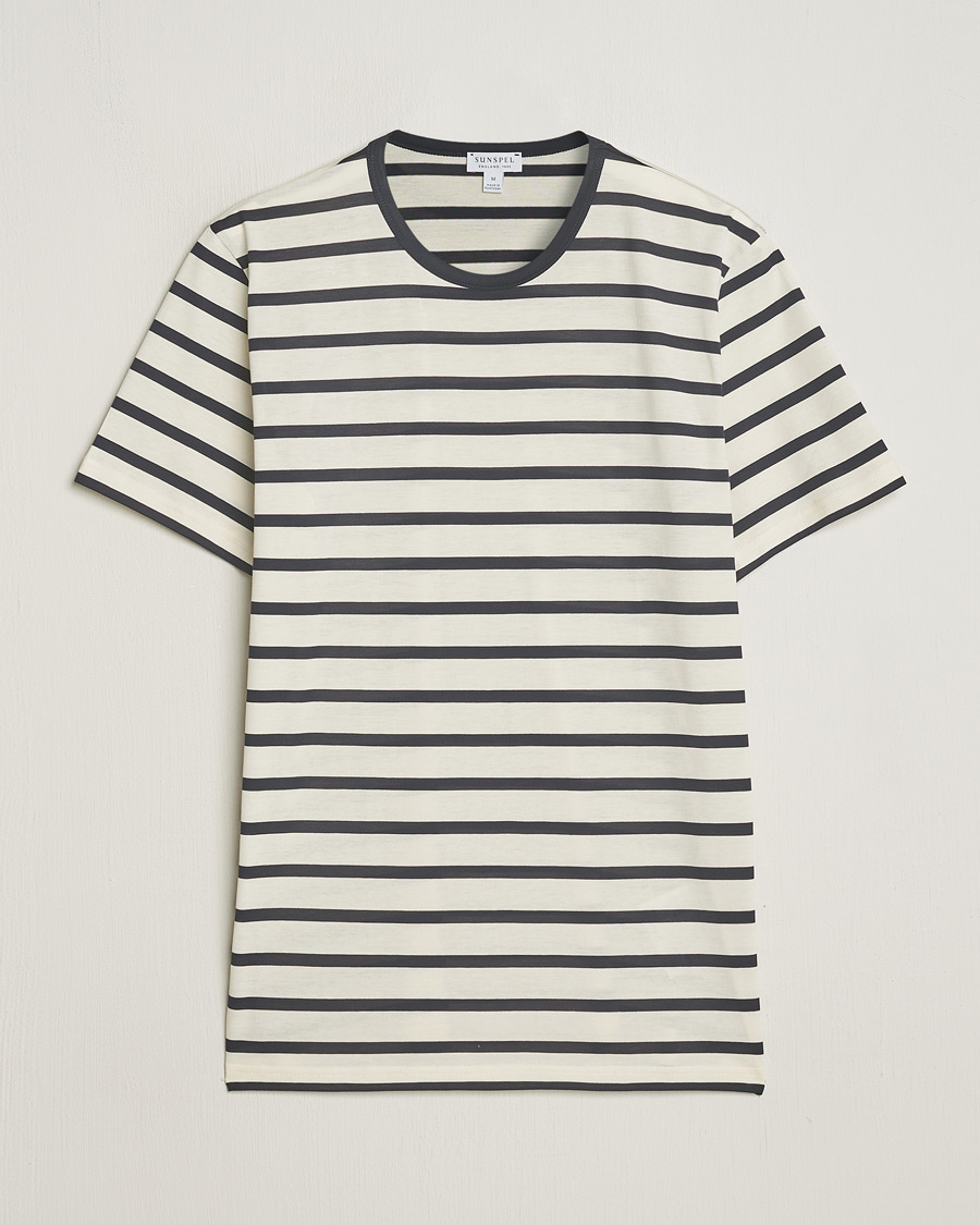 Heren | T-shirts | Sunspel | Striped Crew Neck Cotton Tee Ecru/Navy
