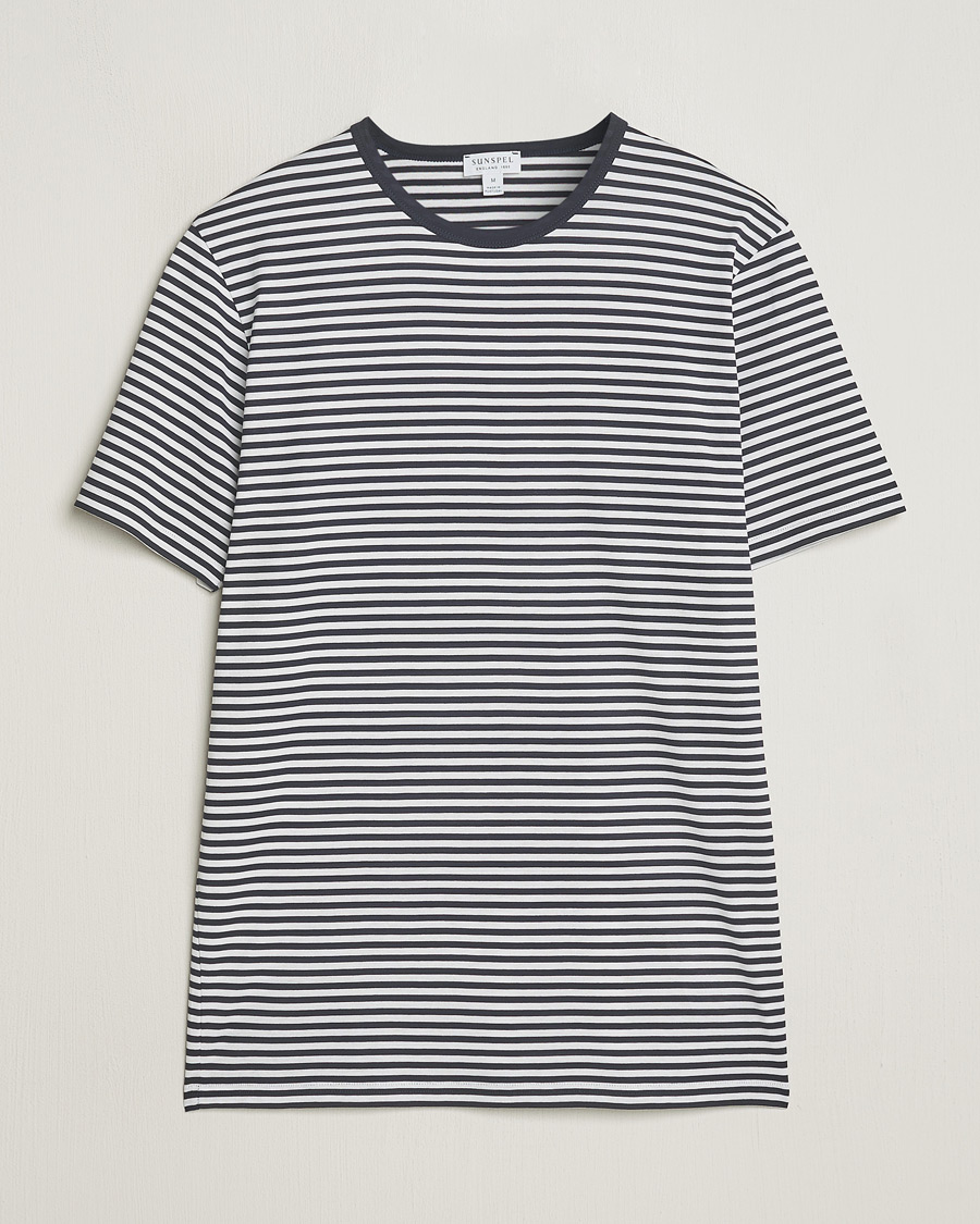 Homme | T-shirts | Sunspel | Striped Crew Neck Q82 Cotton T-Shirt White/Navy