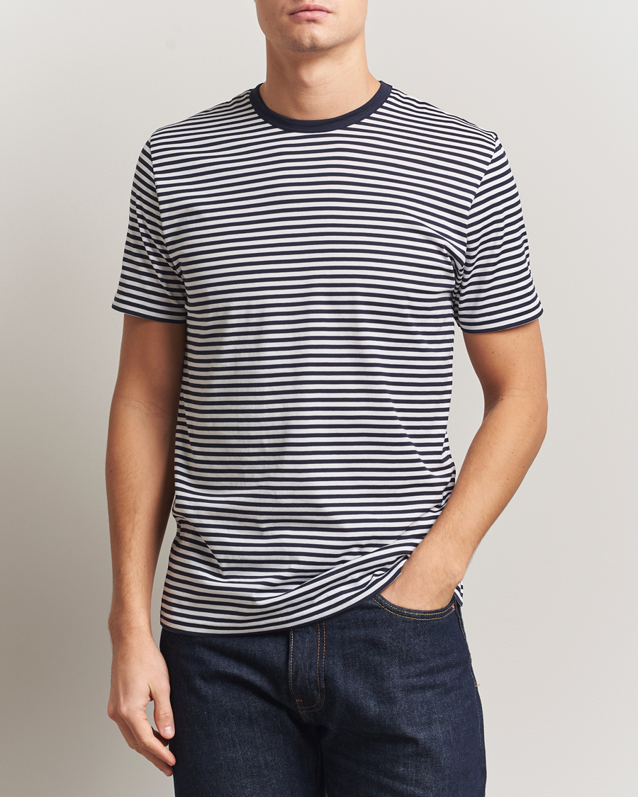 Homme | T-shirts | Sunspel | Striped Crew Neck Q82 Cotton T-Shirt White/Navy