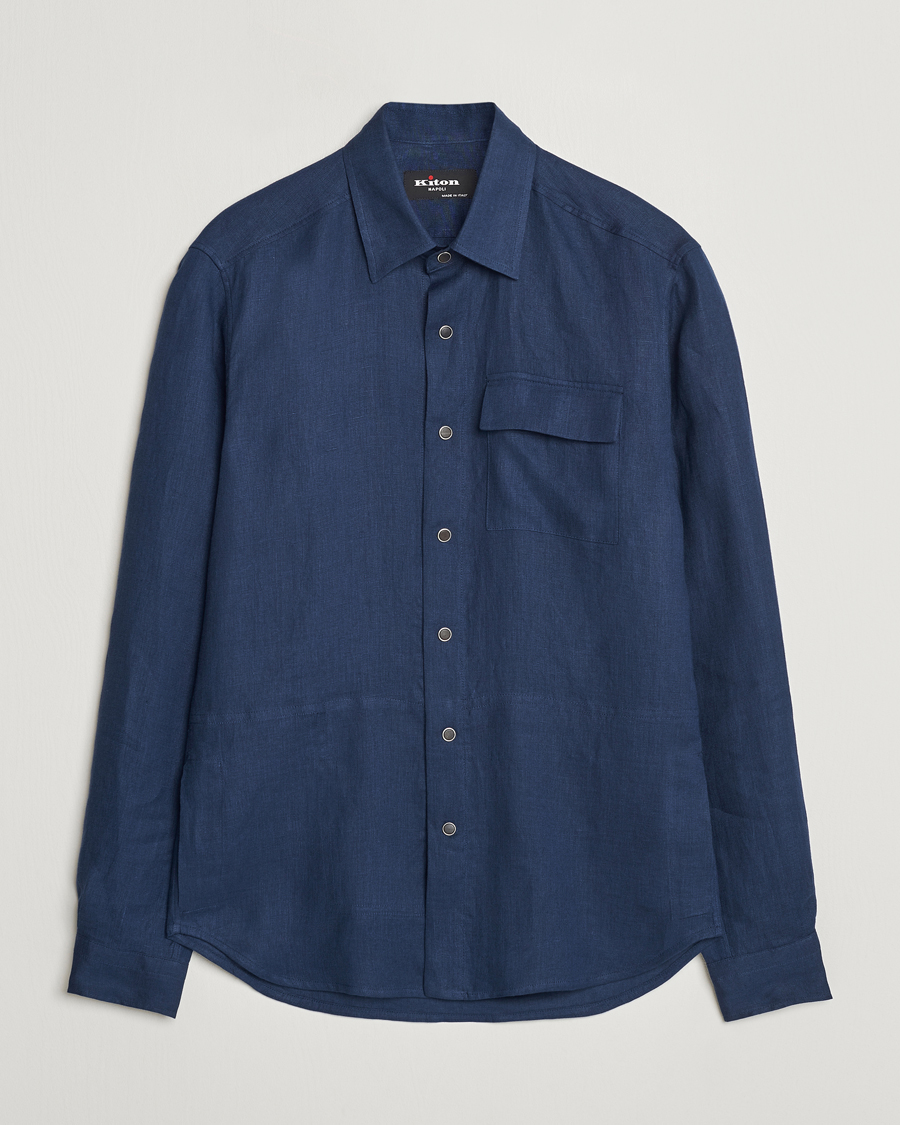 Homme | Chemises | Kiton | Pure Linen Overshirt Dark Blue