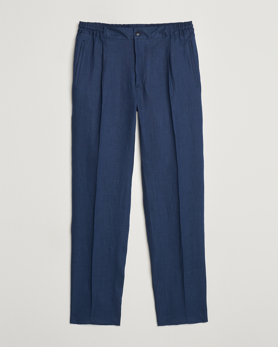 Homme | Pantalons | Kiton | Pure Linen Drawstring Trousers Dark Blue