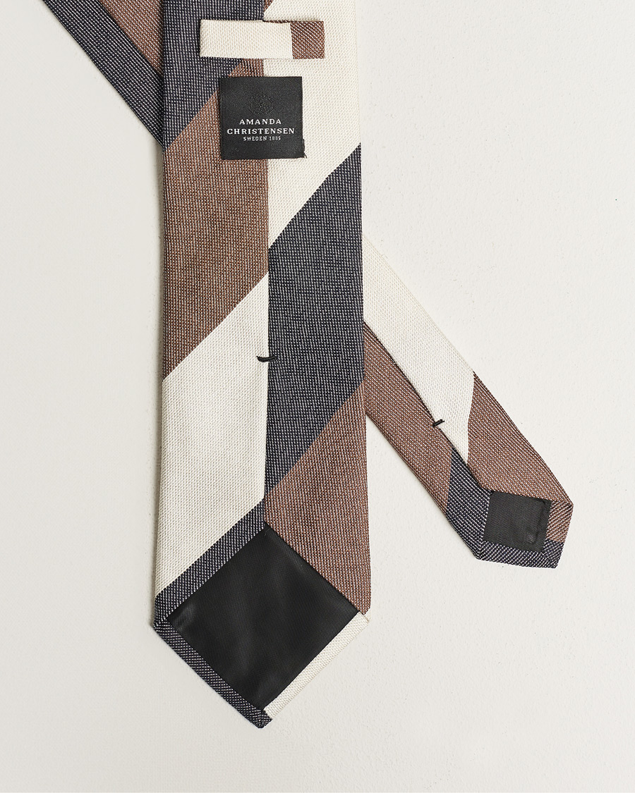 Heren | Amanda Christensen Silk Bouclé Block Striped 8cm Tie White/Blue/Brown | Amanda Christensen | Silk Bouclé Block Striped 8cm Tie White/Blue/Brown